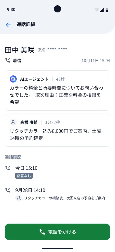 通話詳細の画面。AIエージェントの応対要約と取次理由、スタッフの通話メモ、通話履歴が表示され、下に電話をかけるボタンがある(例示データ)